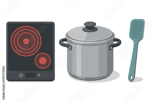 Portable induction cooktop, stainless steel pot with lid, and silicone kitchen spatula