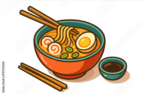 Traditional Japanese ramen noodle soup in a colorful bowl with chopsticks, egg, and narutomaki fish cake