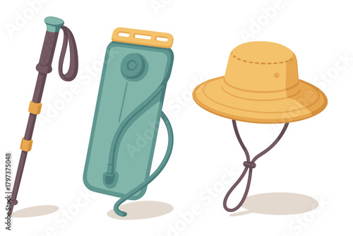 Essential outdoor hiking equipment collection featuring a trekking pole, hydration reservoir, and sun hat
