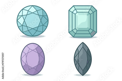 Collection of four faceted gemstones in various shapes and colors including blue, green, purple, and gray