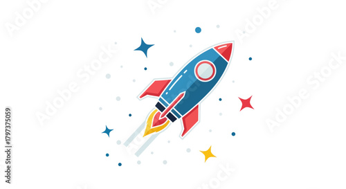 Vibrant blue and red rocket ship soaring through a starry cosmos.