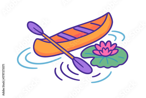 Canoe and paddle floating on water next to a blooming pink water lily and lily pad