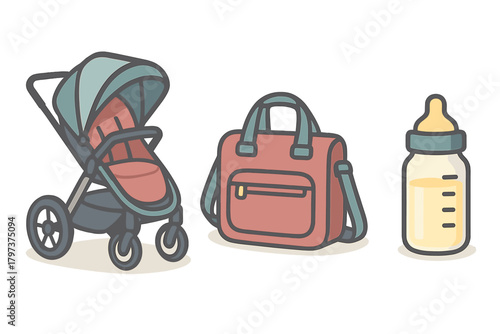 Modern stroller, diaper bag, and baby bottle set representing newborn care essentials