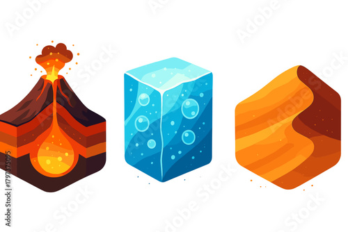 Isometric icons representing natural elements including a cross section of a volcano, a block of ice, and a desert dune landscape