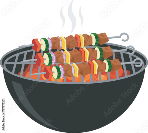 Illustration of skewers with meat and vegetables grilling on a charcoal barbecue with rising smoke.