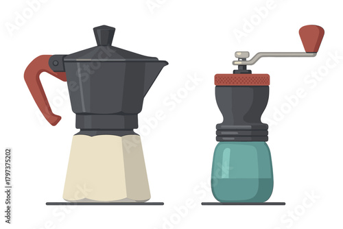 Essential stovetop espresso pot and manual coffee grinder for home brewing