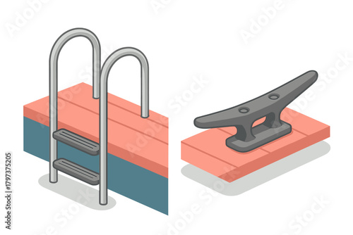 Isometric view of dock equipment featuring a metal ladder and a mooring cleat on a wooden pier