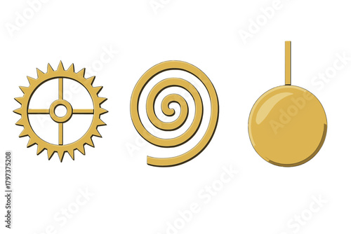 Set of three isolated golden objects: a mechanical cogwheel, a decorative spiral, and a circular pendant