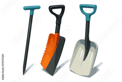 Set of essential outdoor safety equipment including a snow probe and two rescue shovels