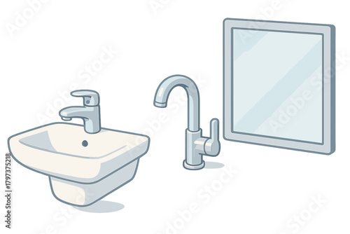 Modern bathroom sink basin with faucet and square wall mirror on white background