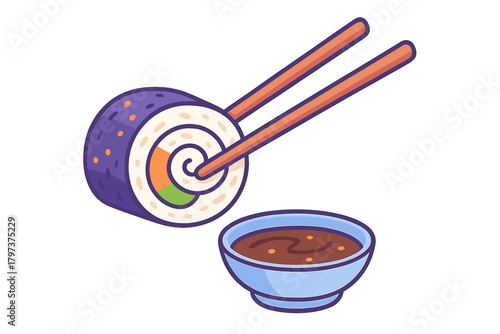 Wooden chopsticks holding a single piece of colorful maki sushi roll above a small bowl of dipping sauce