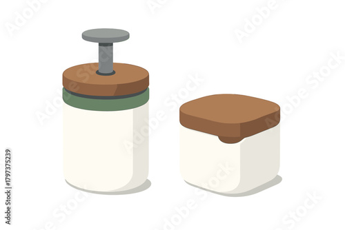 Modern isometric bathroom containers set with pump dispenser bottle and square storage jar