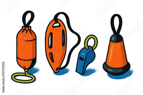 Essential lifeguard equipment set featuring rescue buoys, tube, and safety whistle