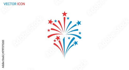Colorful Vector Fireworks Display with Red and Blue Stars.