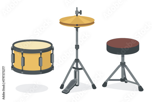 Isometric drum kit components snare drum hi-hat stand and drummer stool