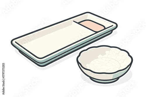 Japanese style ceramic serving dish and small textured dipping bowl for sushi condiments