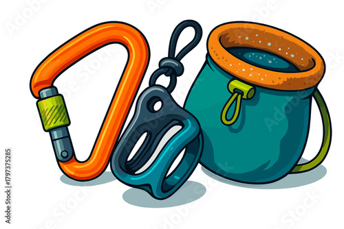 Essential rock climbing equipment featuring a bright orange carabiner, belay device, and chalk bag