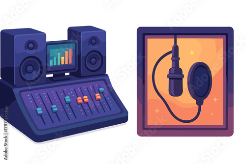 Professional sound mixing console, studio monitors, and recording microphone setup