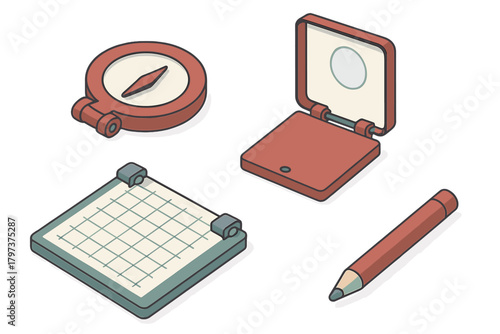 Isometric planning and navigation tools set including compass, clipboard, pencil, and compact device
