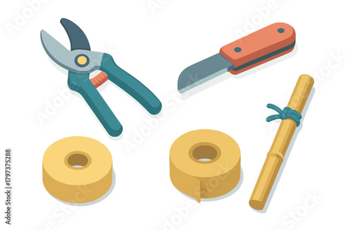 Isometric set of essential gardening and grafting tools: pruners, utility knife, tape, and bamboo stake