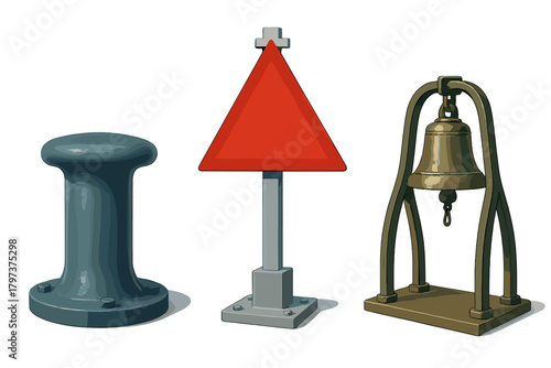 Mooring bollard, red triangular daymark, and brass ship bell nautical equipment