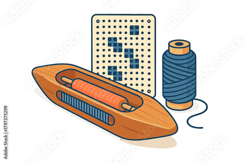 Traditional weaving tools set including wooden shuttle, thread spool, and Jacquard punch card