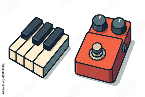 Musical instrument components featuring a small keyboard section and an audio effects pedal