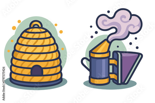 Traditional woven beehive skep and beekeeping smoker tool producing smoke