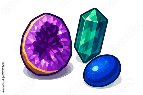 Colorful fantasy gemstones collection including purple amethyst geode, green emerald crystal, and blue oval stone