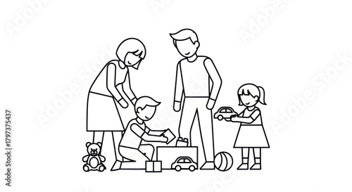 Family playing with toys line art illustration happy family time together.