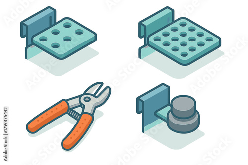 Isometric set of construction tools and mounting hardware elements