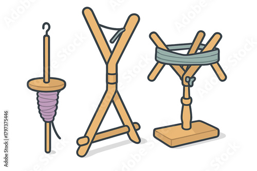 Wooden tools collection for hand spinning yarn including drop spindle and skein winders