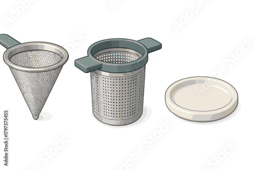 Stainless steel tea strainer, perforated infuser basket, and ceramic saucer set