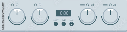 A light blue control panel with four knobs, a digital display, and three buttons.