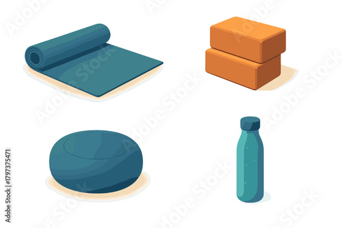Isometric set of yoga equipment including rolled mat, orange blocks, balance cushion, and water bottle