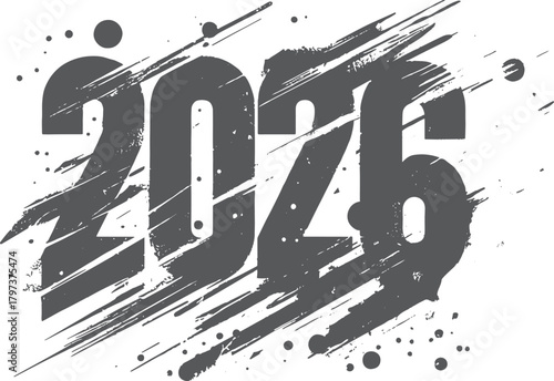 A bold, grunge-style 2026 numerals graphic featuring distressed texture, splashes and stripes. Ideal for New Year campaigns, countdowns, branding, and modern design projects