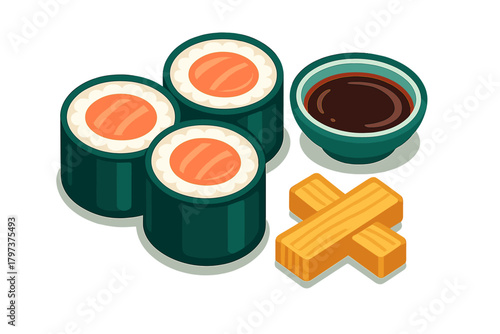 Stylized isometric depiction of fresh maki sushi rolls served with soy sauce and chopsticks