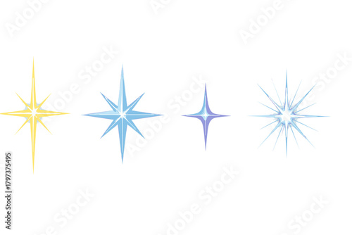 Set of bright glowing star shapes and light effects with four point and multi ray sparkles