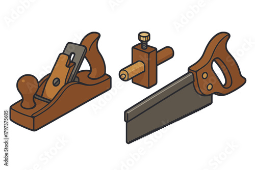 Classic set of woodworking hand tools including bench plane, marking gauge, and handsaw