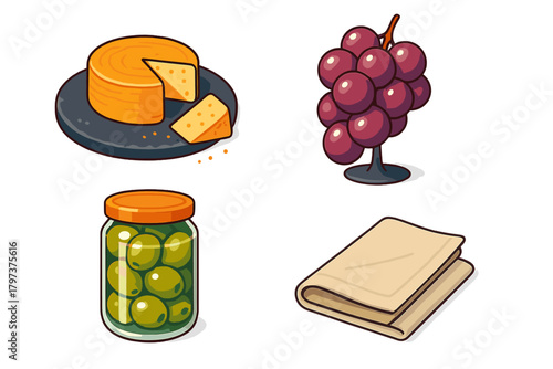 Assortment of cheese, grapes, olives, and napkin for a picnic appetizer spread