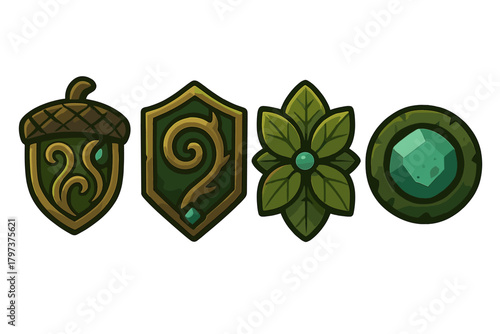 Fantasy game badges set featuring nature elements: acorn, shield, leaf emblem, and magic gem