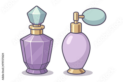 Elegant set of two purple and gold fragrance bottles with atomizer and faceted design