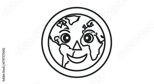 Happy Earth Globe Cartoon Line Art Drawing.