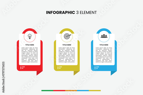 Modern 3-step infographic template with colorful vertical banner shapes. Ideal for presenting business concepts, key points, or a sequential process. Features icons for idea, target, and team. 