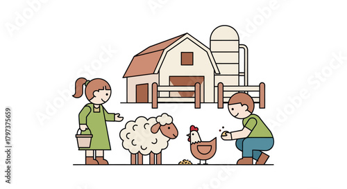 Children interacting with farm animals and barn in a rural setting.