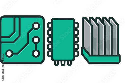 Digital hardware symbols of printed circuit board, integrated circuit, and heatsink