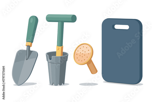 Set of essential gardening tools including trowel, bulb planter, sprinkler, and kneeling pad