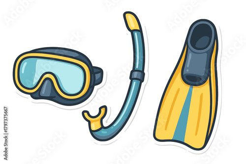 Diving mask, snorkel tube, and yellow swimming flipper for underwater exploration