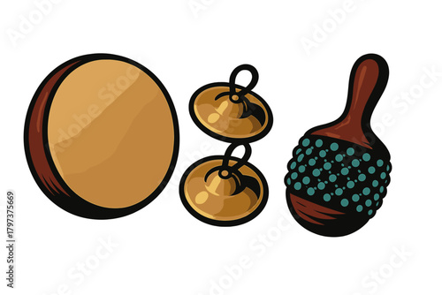 Traditional percussion instruments set featuring tambourine, finger cymbals, and shaker