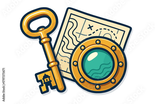 Vintage golden skeleton key, rolled up treasure map, and a brass ship porthole